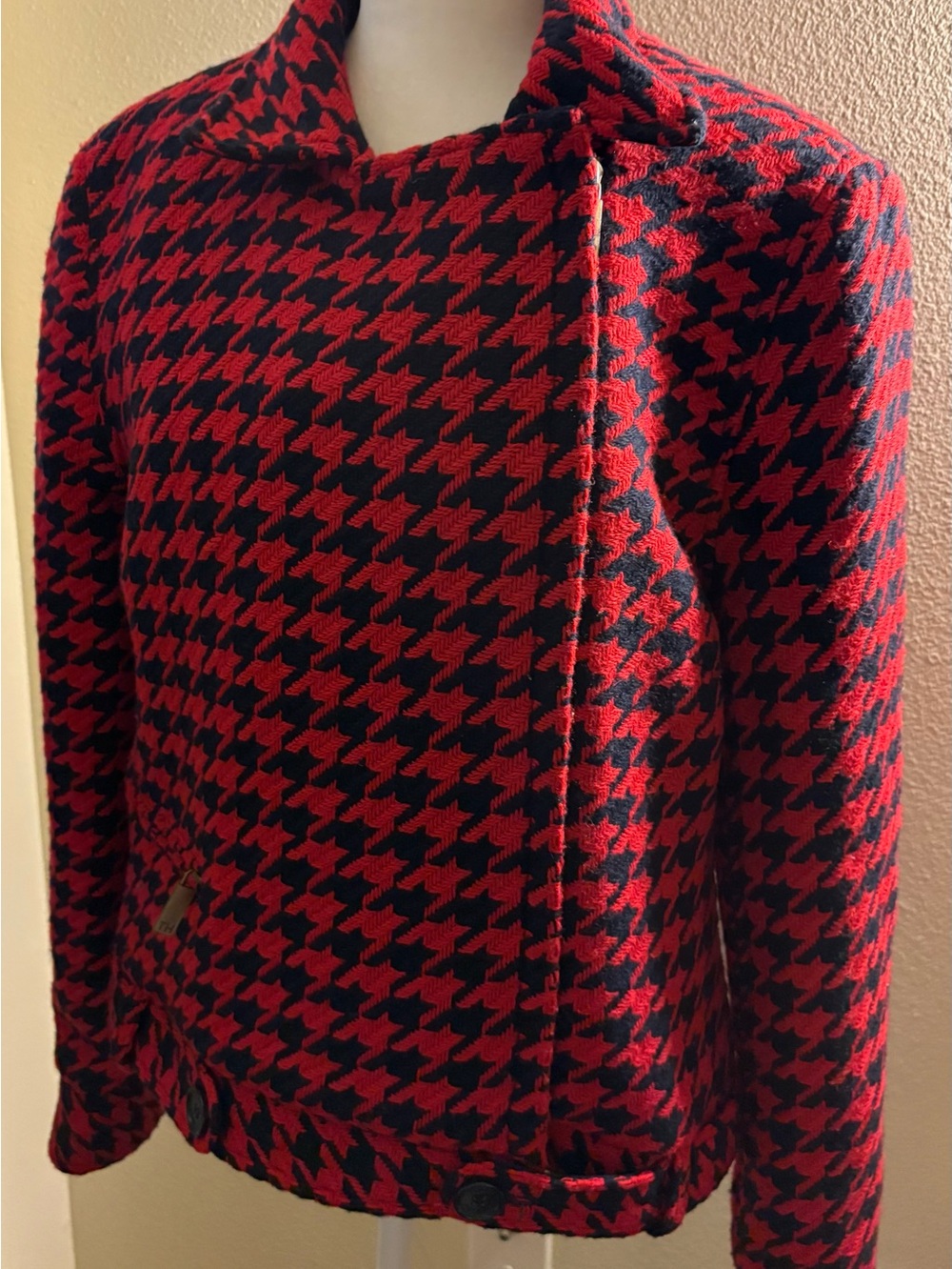 Vintage Tommy Hilfiger Women Red Black Houndstooth Wool Moto Jacket Sz 12